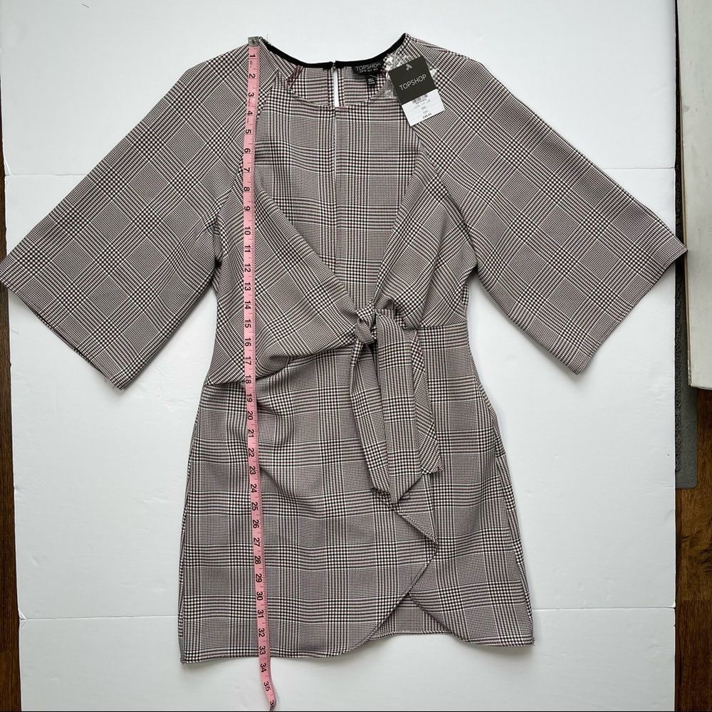 Topshop NEW Houndstooth Front Tie Plaid White Red Mini DresS Size 4 - Picture 10 of 16